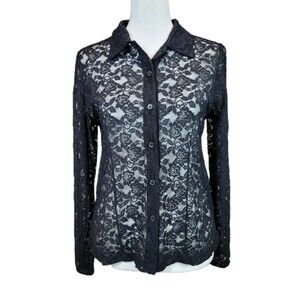 90s Y2k Floral Mesh Lace Whimsigoth Blouse Petite Medium Black Stretch Button Up
